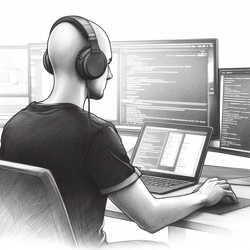 Zacfo building apps at a coding setup